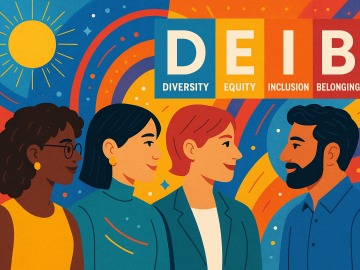 Celebrating Diversity, Equity, Inclusion, and Belonging at ESMT Berlin Illustration showing four diverse people smiling against a vibrant, colorful background with the words “Diversity, Equity, Inclusion, Belonging” prominently displayed.
